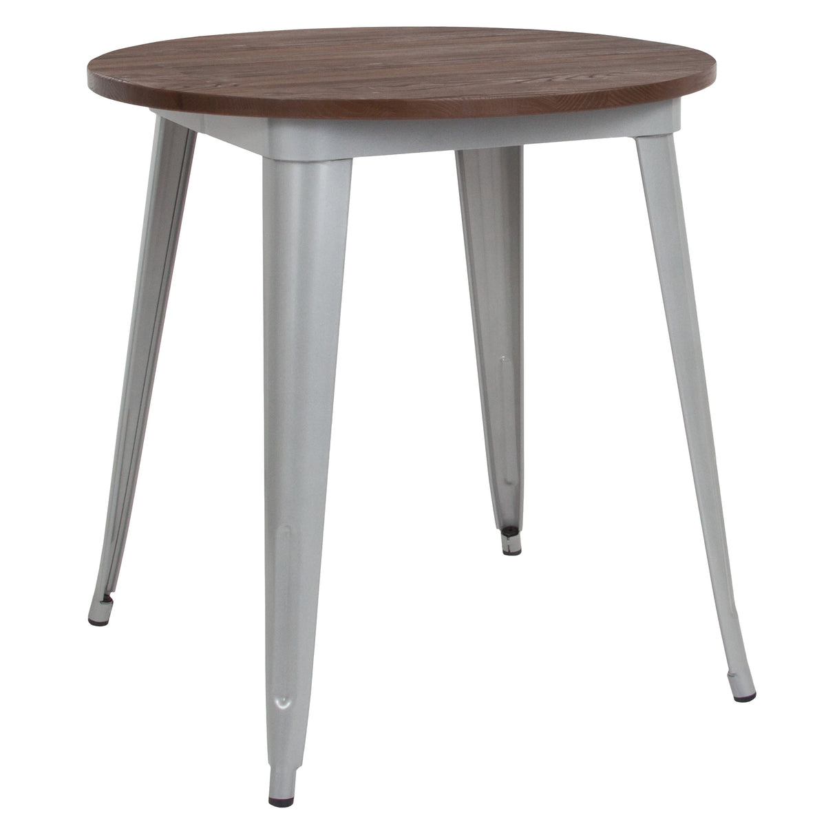 Silver |#| 30inch Round Silver Metal Indoor Table with Walnut Wood Top - Restaurant Furniture