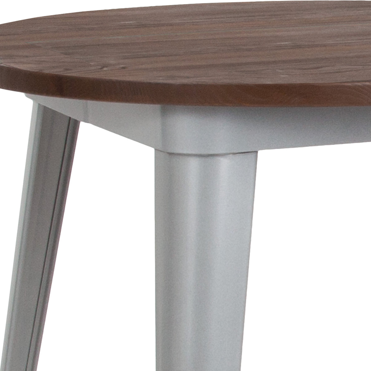 Silver |#| 30inch Round Silver Metal Indoor Table with Walnut Wood Top - Restaurant Furniture