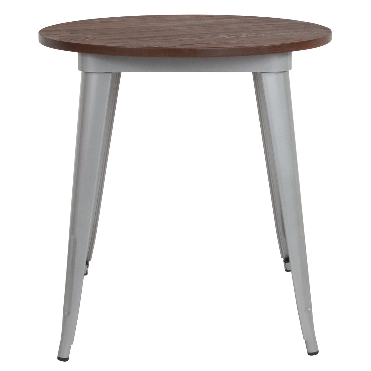 Silver |#| 30inch Round Silver Metal Indoor Table with Walnut Wood Top - Restaurant Furniture