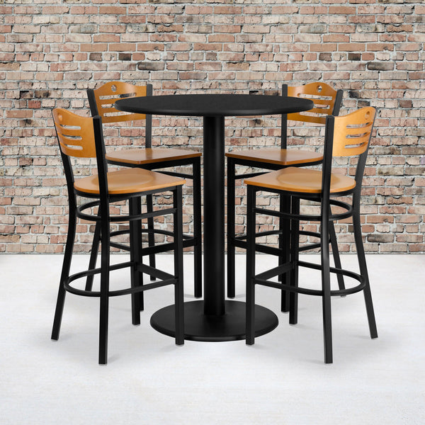 36inch Round Black Laminate Table Set with 4 Metal Barstools - Natural Wood Seat