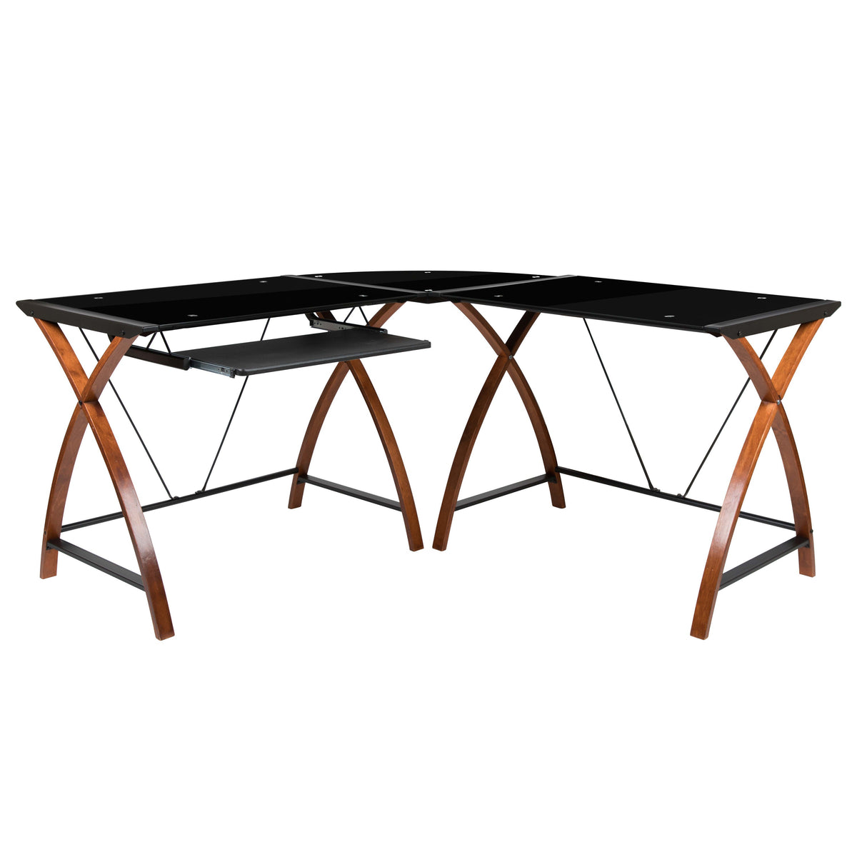 Black Top/Cherry Frame |#| L-Shaped Gaming Desk-Black Glass Top-Crisscross Cherry Wood Legs-Keyboard Tray