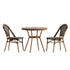 Bordeaux Indoor/Outdoor Commercial Bistro 31.5" Table, PE Rattan, Glass Top with 2 Stack Chairs