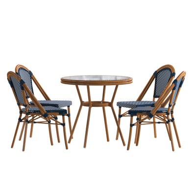 Bordeaux Indoor/Outdoor Commercial Bistro 31.5" Table, PE Rattan, Glass Top with 4 Stack Chairs - View 1