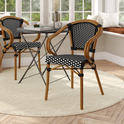 Bordeaux Indoor/Outdoor Commercial Bistro Stacking Chair with Arms, PE Rattan and Bamboo Print Aluminum Frame - View 2