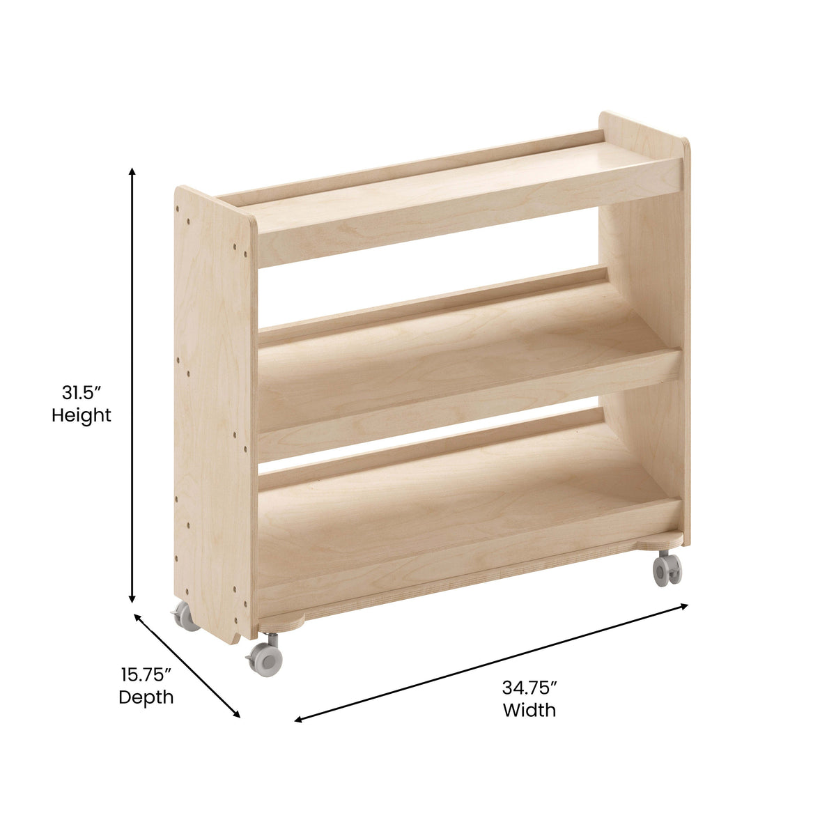 Commercial Grade Natural Wooden Classroom Mobile Storage Cart-3 Angled Shelves