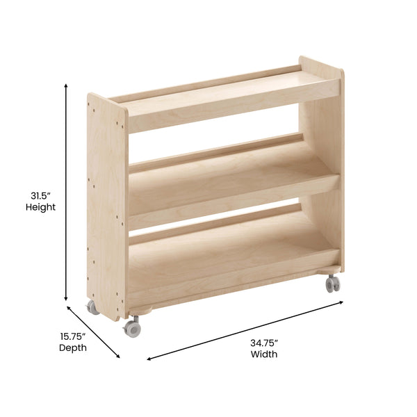 Commercial Grade Natural Wooden Classroom Mobile Storage Cart-3 Angled Shelves