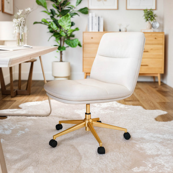 White LeatherSoft/Gold Frame |#| Commercial Mid-Back Padded LeatherSoft Swivel Office Chair in White/Gold