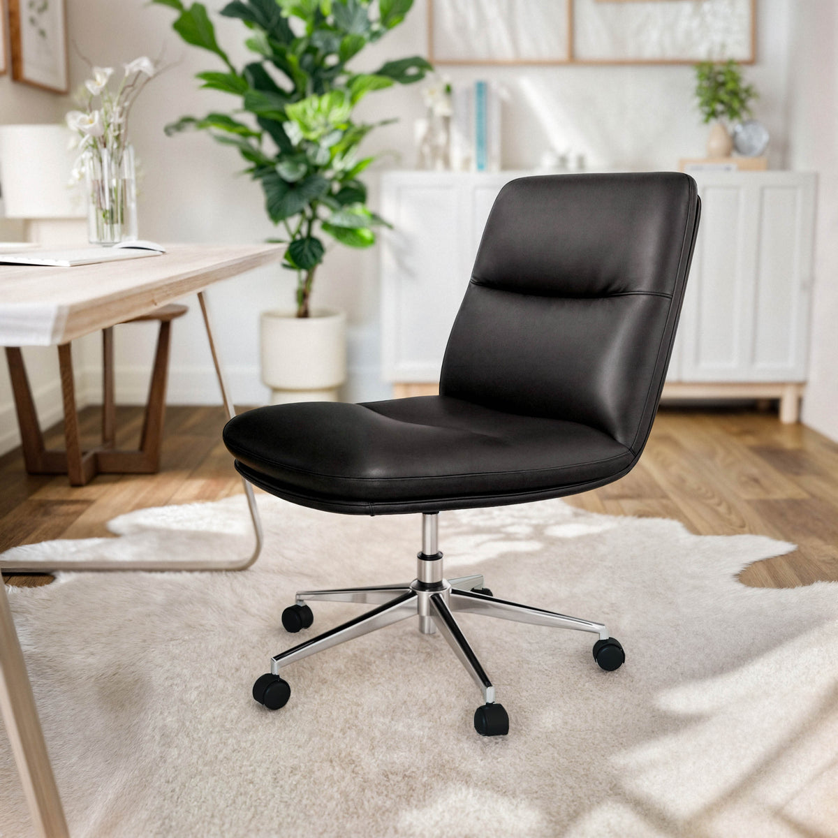 Black LeatherSoft/Chrome Frame |#| Commercial Mid-Back Padded LeatherSoft Swivel Office Chair in Black/Chrome