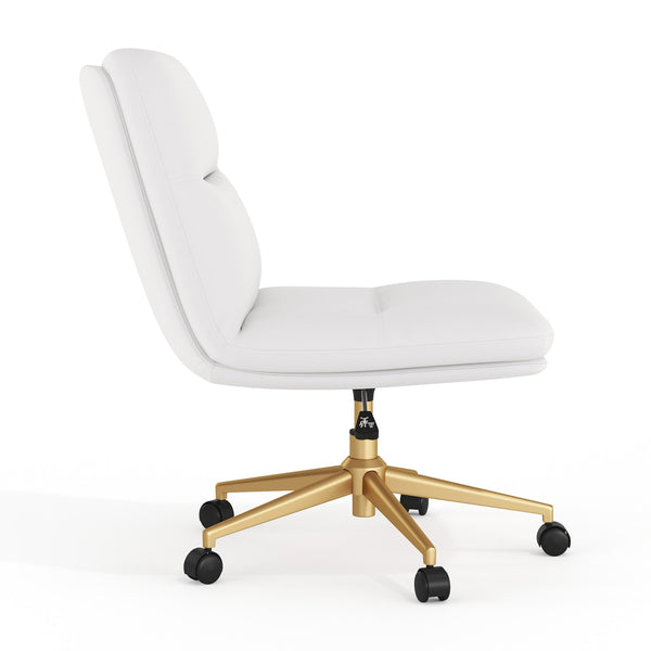 White LeatherSoft/Gold Frame |#| Commercial Mid-Back Padded LeatherSoft Swivel Office Chair in White/Gold