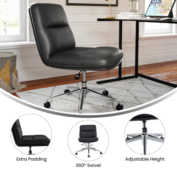 Black LeatherSoft/Chrome Frame |#| Commercial Mid-Back Padded LeatherSoft Swivel Office Chair in Black/Chrome