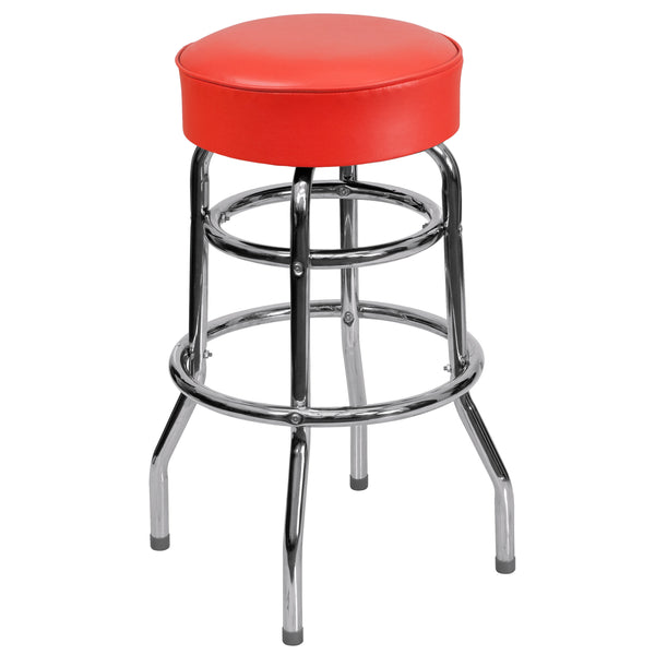 Red |#| Backless Double Ring Chrome Swivel Barstool with Red Vinyl Seat & Footrest