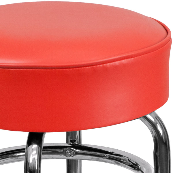 Red |#| Backless Double Ring Chrome Swivel Barstool with Red Vinyl Seat & Footrest