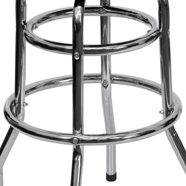 Red |#| Backless Double Ring Chrome Swivel Barstool with Red Vinyl Seat & Footrest