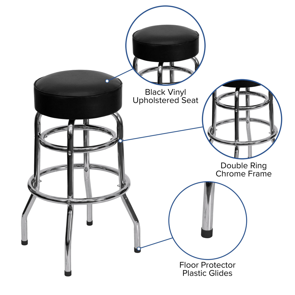 Black |#| Backless Double Ring Chrome Swivel Barstool with Black Vinyl Seat & Footrest