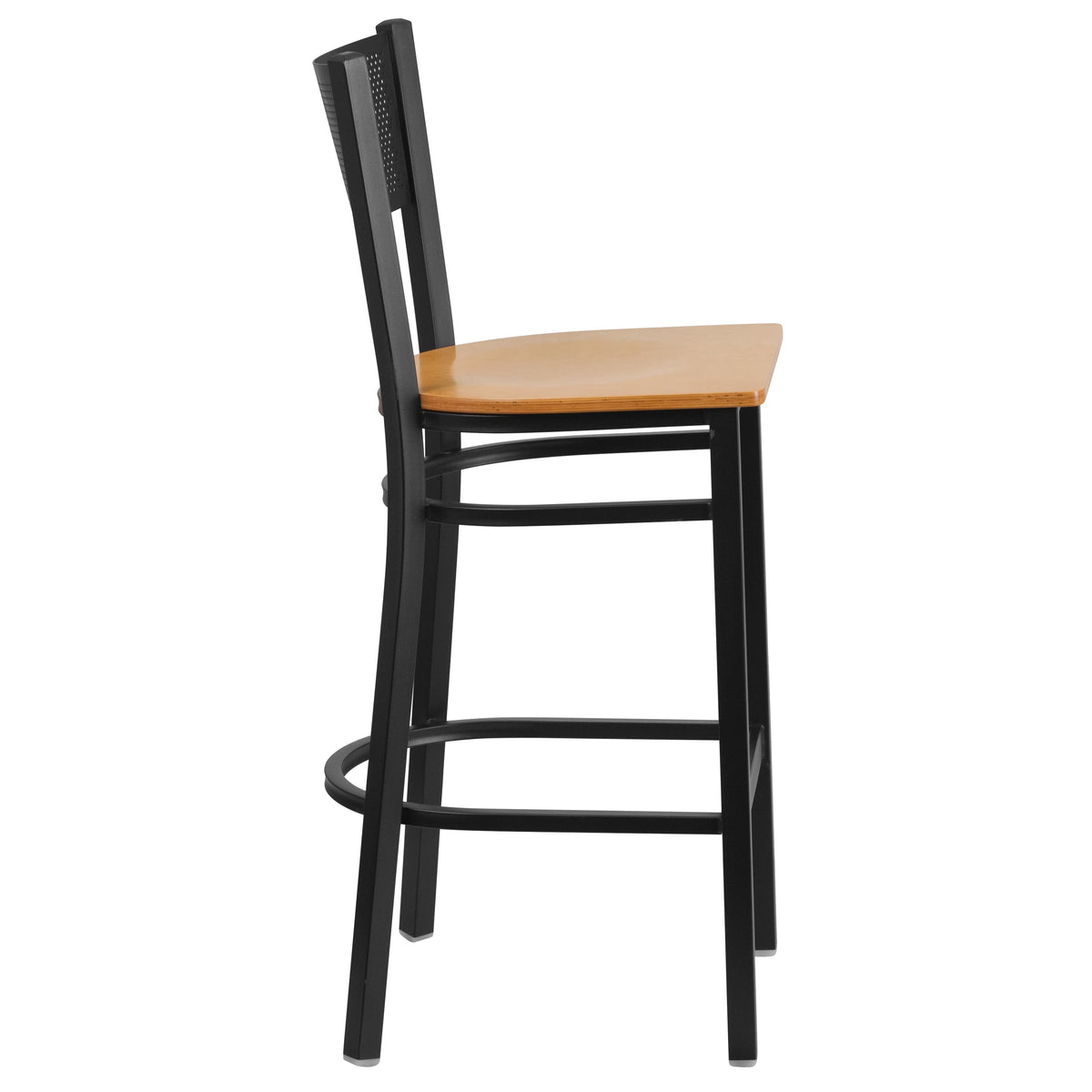 Natural Wood Seat/Black Metal Frame |#| Black Grid Back Metal Restaurant Barstool with Natural Wood Seat