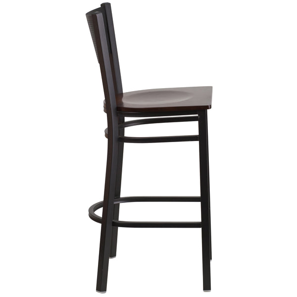 Walnut Wood Seat/Black Metal Frame |#| Black Grid Back Metal Restaurant Barstool with Walnut Wood Seat