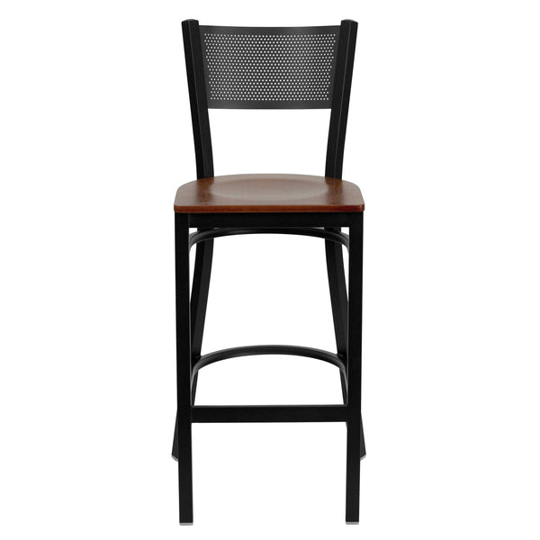 Cherry Wood Seat/Black Metal Frame |#| Black Grid Back Metal Restaurant Barstool with Cherry Wood Seat