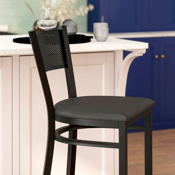 Black Vinyl Seat/Black Metal Frame |#| Black Grid Back Metal Restaurant Barstool with Black Vinyl Upholstered Seat