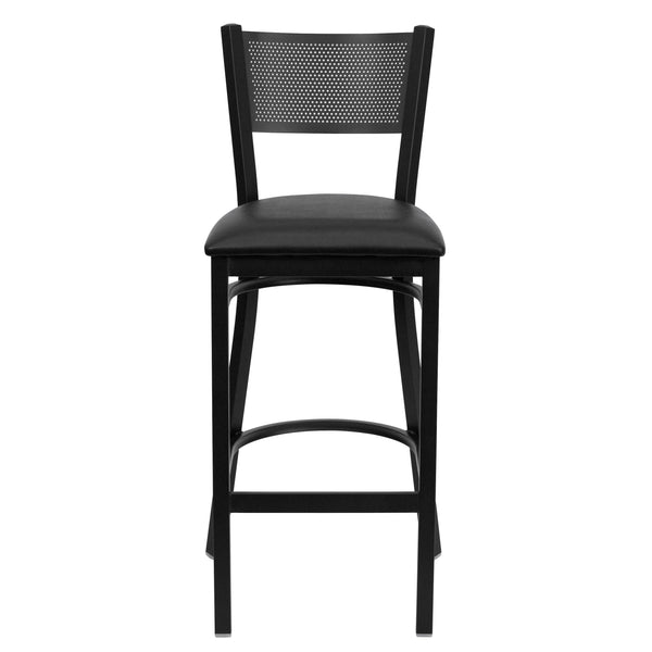 Black Vinyl Seat/Black Metal Frame |#| Black Grid Back Metal Restaurant Barstool with Black Vinyl Upholstered Seat