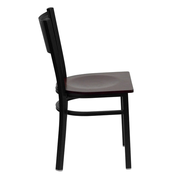 Mahogany Wood Seat/Black Metal Frame |#| Black Grid Back Metal Restaurant Chair with Mahogany Wood Seat