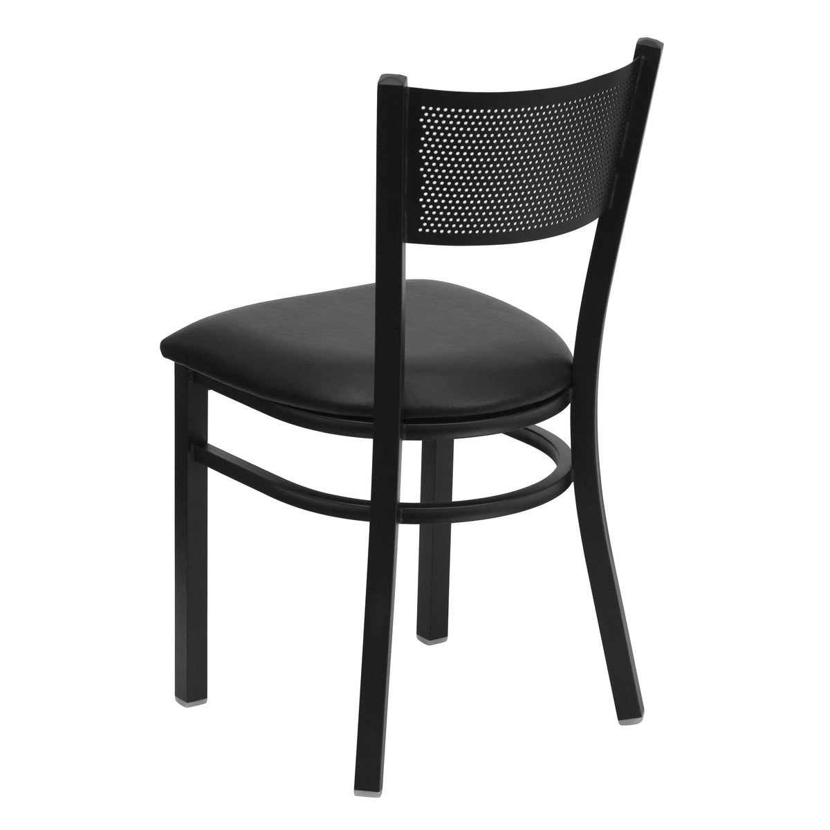 Black Vinyl Seat/Black Metal Frame |#| Black Grid Back Metal Restaurant Chair with Black Vinyl Upholstered Seat