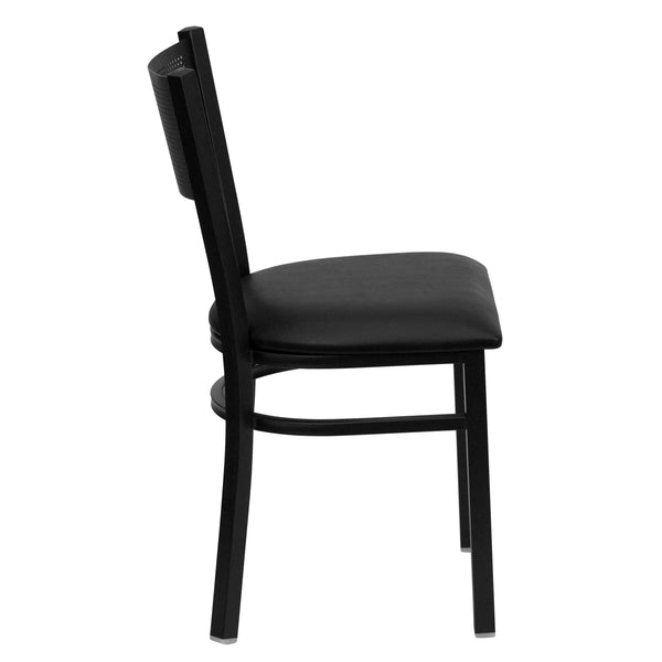 Black Vinyl Seat/Black Metal Frame |#| Black Grid Back Metal Restaurant Chair with Black Vinyl Upholstered Seat