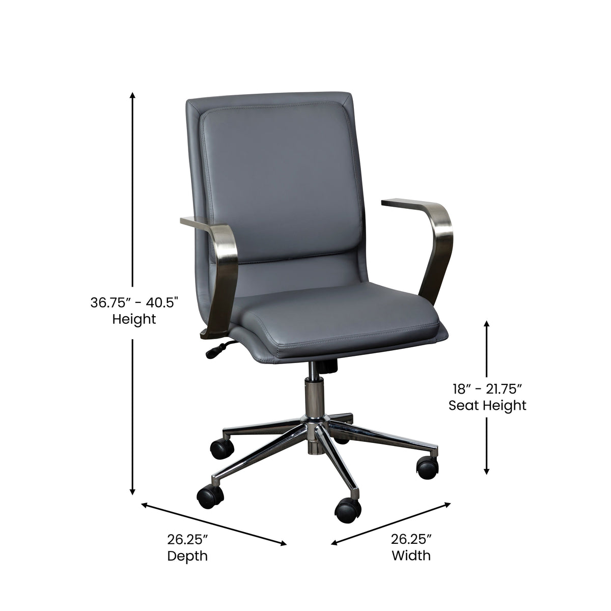 Gray LeatherSoft/Chrome Frame |#| Designer Executive Swivel Office Chair with Brushed Chrome Arms and Base, Gray