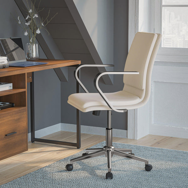 Taupe LeatherSoft/Chrome Frame |#| Designer Executive Swivel Office Chair with Brushed Chrome Arms and Base, Taupe