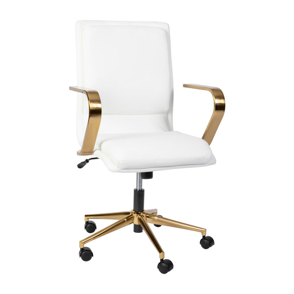 White LeatherSoft/Gold Frame |#| Designer Executive Swivel Office Chair with Brushed Gold Arms and Base, White