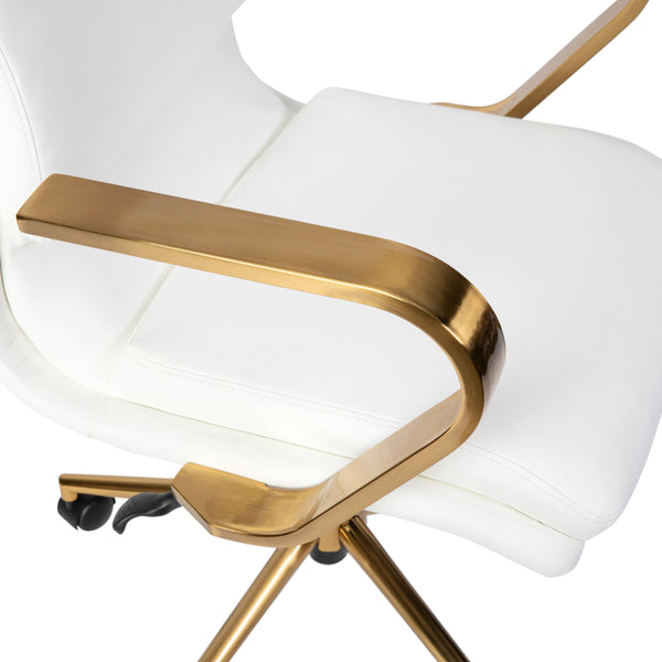 White LeatherSoft/Gold Frame |#| Designer Executive Swivel Office Chair with Brushed Gold Arms and Base, White