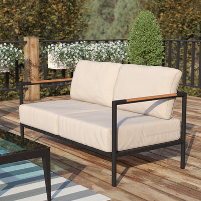 Lea Indoor/Outdoor Patio Loveseat with Cushions - Modern Aluminum Framed Loveseat with Teak Accent Arms - View 2