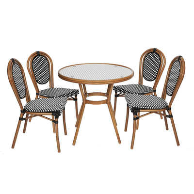 Lourdes Indoor/Outdoor Commercial Bistro 31.5" Table, PE Rattan, Glass Top with 4 Stack Chairs - View 1