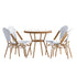 Lourdes Indoor/Outdoor Commercial Bistro 31.5" Table, PE Rattan, Glass Top with 4 Stack Chairs