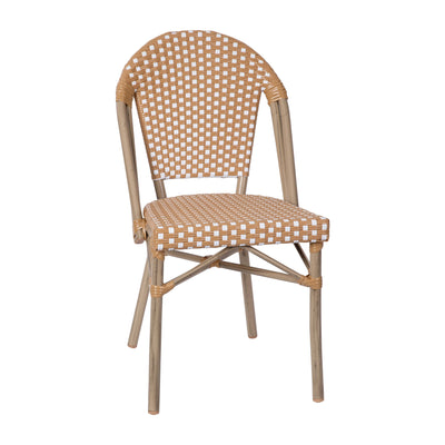 Lourdes Indoor/Outdoor Commercial Bistro Stacking Chair, PE Rattan Back and Seat, Bamboo Print Aluminum Frame - View 1