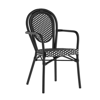 Lourdes Indoor/Outdoor Commercial Thonet Bistro Stacking Chair with Arms, PE Rattan and Aluminum Frame - View 1