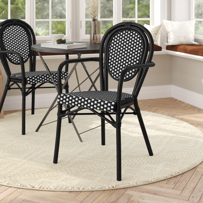 Lourdes Indoor/Outdoor Commercial Thonet Bistro Stacking Chair with Arms, PE Rattan and Aluminum Frame - View 2