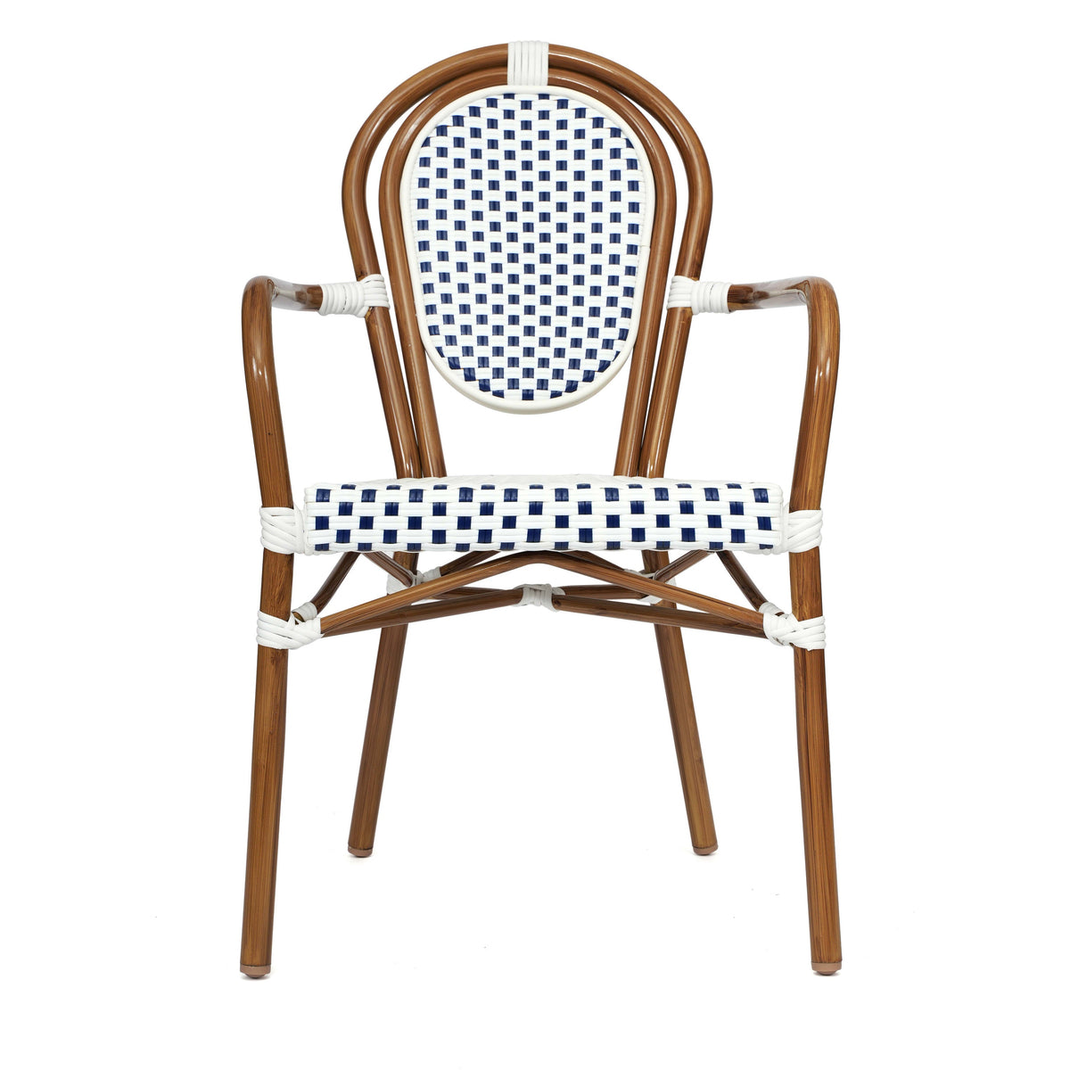 White & Navy/Natural Frame |#| All-Weather Commercial Paris Chair with Bamboo Print Metal Frame-White/Navy