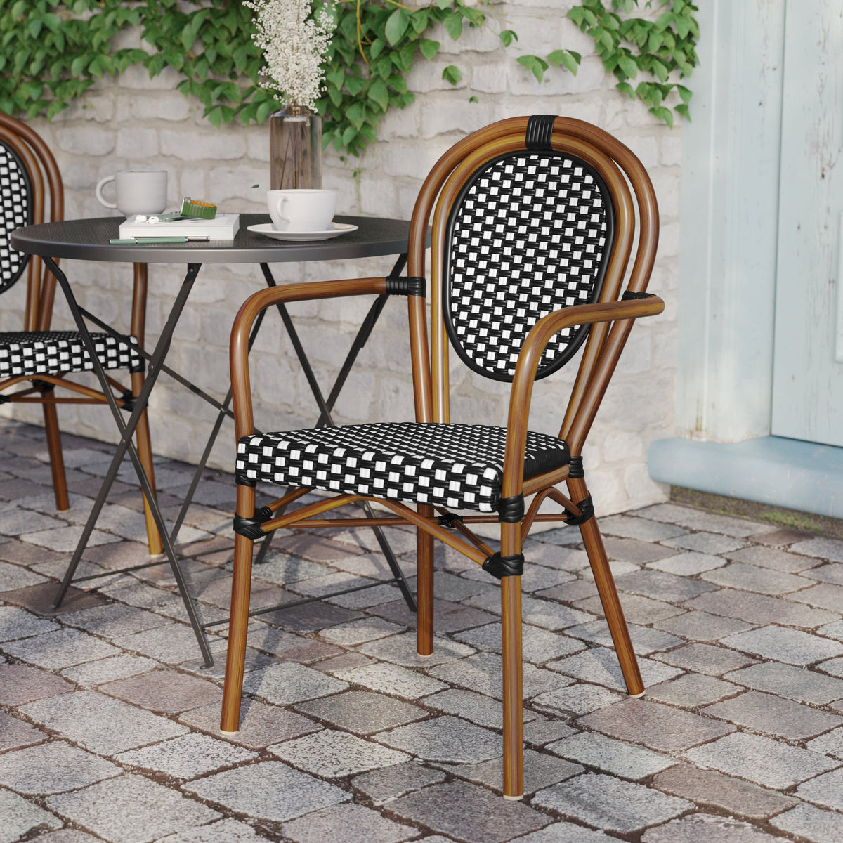 Black & White/Natural Frame |#| All-Weather Commercial Paris Chair with Bamboo Print Metal Frame-Black/White