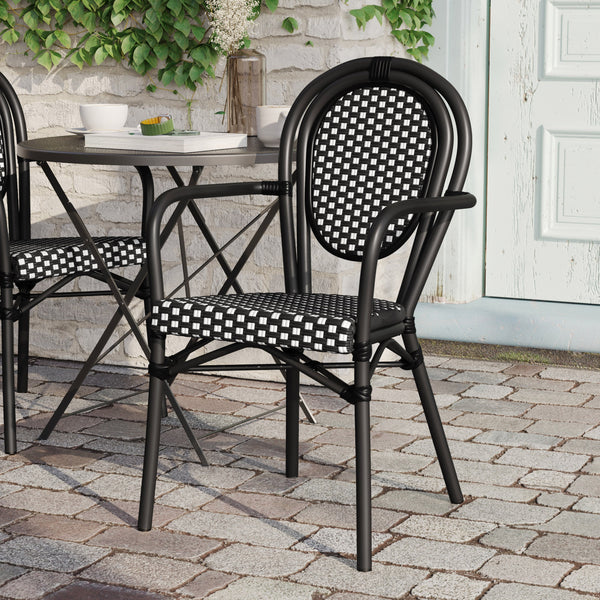 Black & White/Black Frame |#| All-Weather Commercial Paris Chair with Black Metal Frame-Black/White