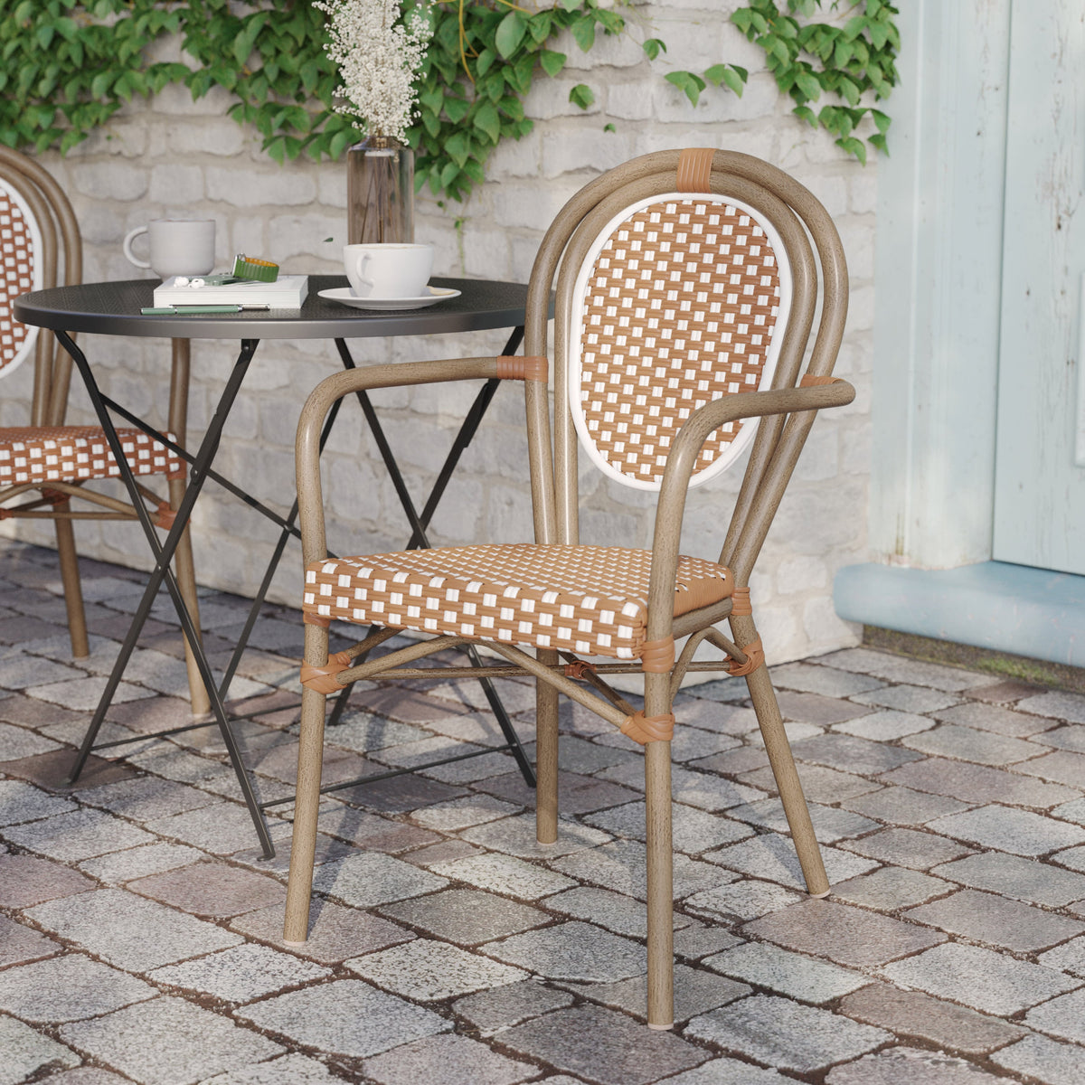 Natural & White/Light Natural Frame |#| All-Weather Commercial Paris Chair with Bamboo Print Metal Frame-Natural/White