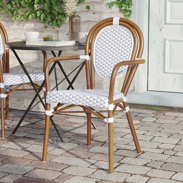 White & Gray/Natural Frame |#| All-Weather Commercial Paris Chair with Bamboo Print Metal Frame-White/Gray