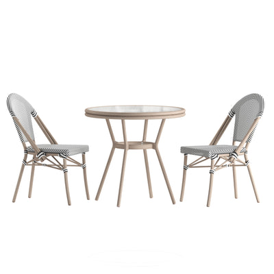 Marseille Indoor/Outdoor Commercial Bistro 31.5" Table, Textilene, Glass Top with 2 Stack Chairs - View 1