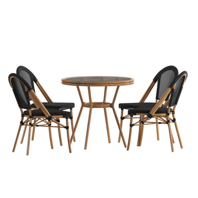 Marseille Indoor/Outdoor Commercial Bistro 31.5" Table, Textilene, Glass Top with 4 Stack Chairs - View 1