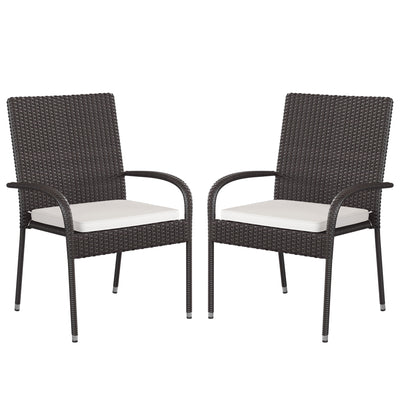 Maxim Set of 2 Stackable Indoor/Outdoor Wicker Dining Chairs with 1.25" Thick Tie-On Padded Seat Cushions - Fade & Weather-Resistant - View 1