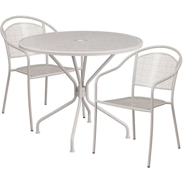 Light Gray |#| 35.25inch Round Lt Gray Indoor-Outdoor Steel Patio Table Set w/ 2 Round Back Chairs