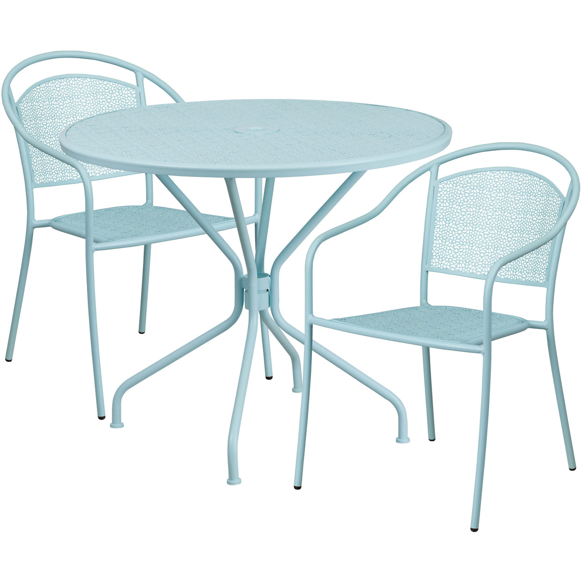 Sky Blue |#| 35.25inch RD Sky Blue Indoor-Outdoor Steel Patio Table Set w/ 2 Round Back Chairs