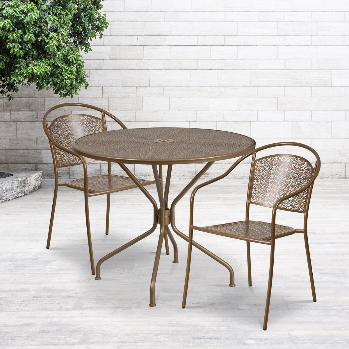 Gold |#| 35.25inch Round Gold Indoor-Outdoor Steel Patio Table Set with 2 Round Back Chairs