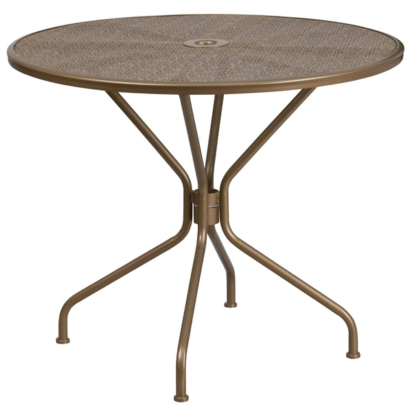 Gold |#| 35.25inch Round Gold Indoor-Outdoor Steel Patio Table Set with 2 Round Back Chairs