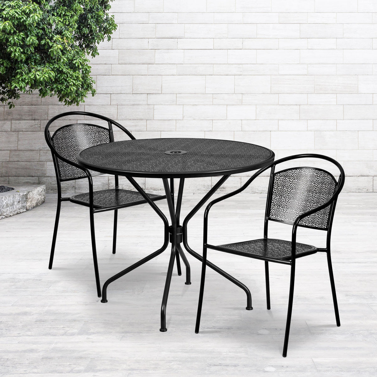 Black |#| 35.25inch Round Black Indoor-Outdoor Steel Patio Table Set with 2 Round Back Chairs