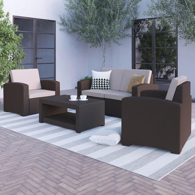 Seneca 4 Piece Outdoor Faux Rattan Chair, Loveseat and Table Set - View 2